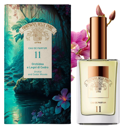 Compagnia delle Indie eau de parfum #11 Orchidea e Legni di Cedro 75ml - butelka z miedzianym atomizerem i orchideą, obok pudełko z lazurowym krajobrazem.