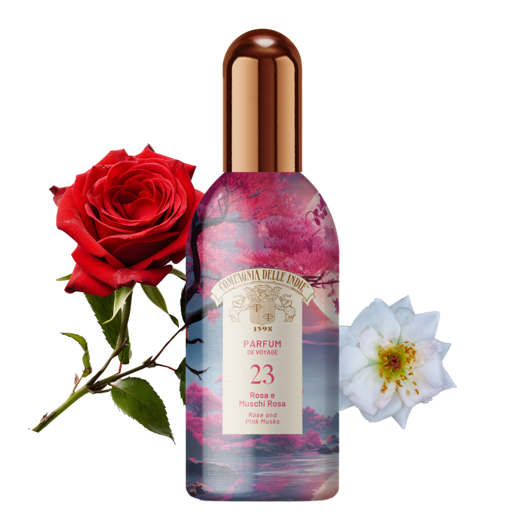 Compagnia Delle Indie woda toaletowa #23 Rosa e Muschi Rosa 100ml - butelka z brązowym atomizerem na białym tle, obok czerwona róża i biały kwiat.