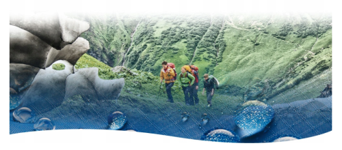 Nikwax TX.Direct Wash-In impregnat do odzieży 5000 ml - opakowanie na tle górskiego krajobrazu z hikerami i potokiem.