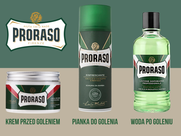 Proraso pianka do golenia zielona - kompletny zestaw produktów z kremem przed goleniem, pianką do golenia i wodą po goleniu, na zielonym tle.