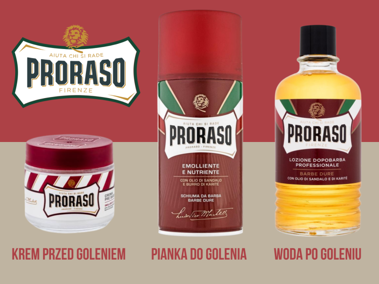 Proraso pianka do golenia czerwona - zestaw trzech produktów (krem przed goleniem, pianka do golenia, woda po goleniu) na czerwonym tle.