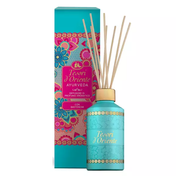 Tesori d'Oriente Ayurveda dyfuzor zapachowy z patyczkami - turkusowa butelka z pudełkiem, widok produktu z opakowaniem.