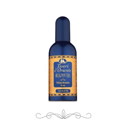 Tesori d'Oriente Aegyptus perfumy 100 ml - niebieska butelka z złotą etykietą, widok frontalny na białym tle
