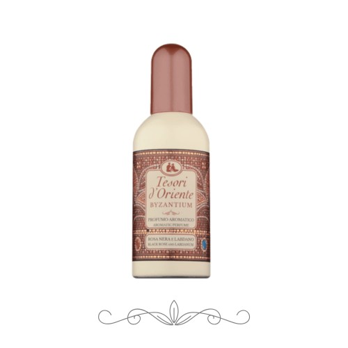 Tesori d'Oriente Byzantium perfumy aromatyczne 100 ml - butelka z kremową etykietą i brązowym korkiem, widok z przodu na białym tle.