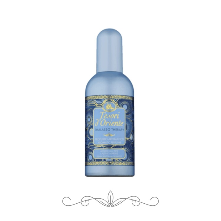 Tesori d'Oriente Thalasso Therapy perfumy 100 ml - niebieska butelka z etykietą w złote wzory, widok z przodu na białym tle