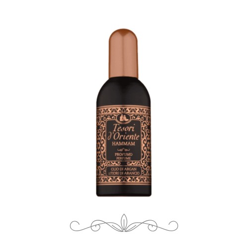 Tesori d'Oriente Hammam perfumy 100 ml - czarna butelka z miedzianym korkiem i etykietą w orientalnym wzorze, widok pełny na białym tle