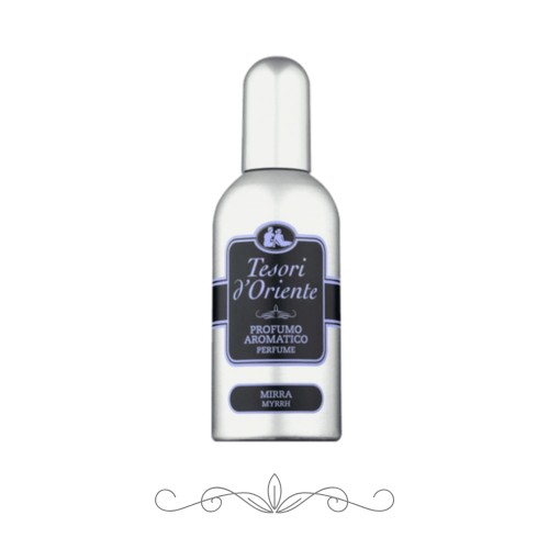 Tesori d'Oriente Mirra perfumy aromatyczne 100 ml - przezroczysta butelka z atomizerem, etykieta niebiesko-czarna, widok frontalny na białym tle