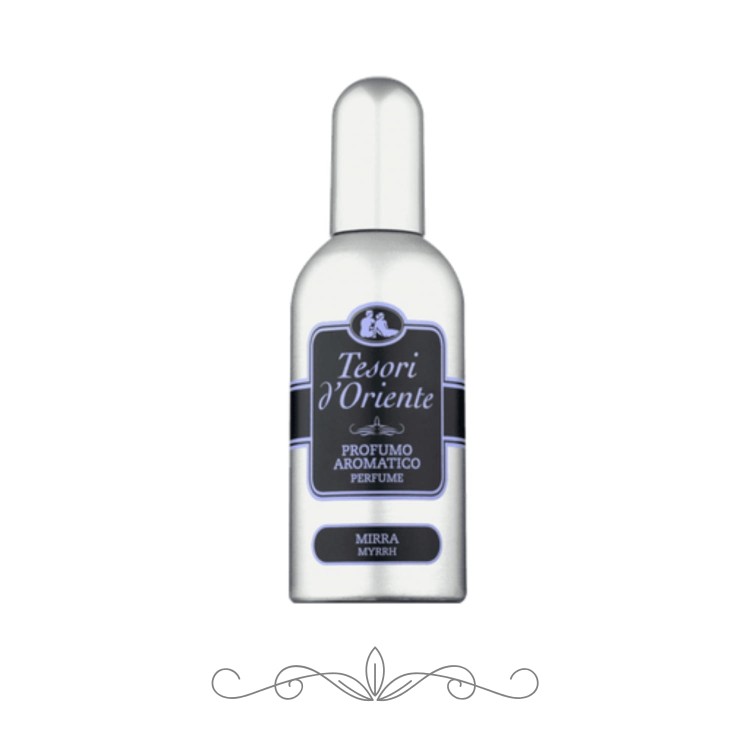 Tesori d'Oriente Mirra perfumy aromatyczne 100 ml - przezroczysta butelka z atomizerem, etykieta niebiesko-czarna, widok frontalny na białym tle