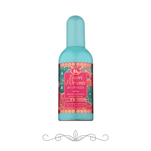 Tesori d'Oriente Ayurveda perfumy 100 ml - turkusowa butelka z czerwono-złotą etykietą, widok frontalny na białym tle.