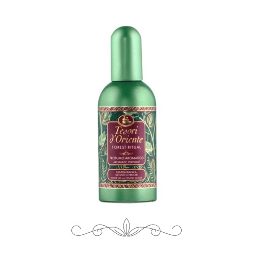 Tesori d'Oriente Forest Ritual perfumy aromatyczne 100 ml - zielona butelka z etykietą w odcieniach burgunda i złota, widok frontalny na białym tle.