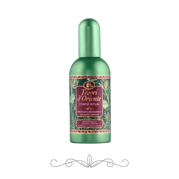 Tesori d'Oriente Forest Ritual perfumy aromatyczne 100 ml - zielona butelka z etykietą w odcieniach burgunda i złota, widok frontalny na białym tle.