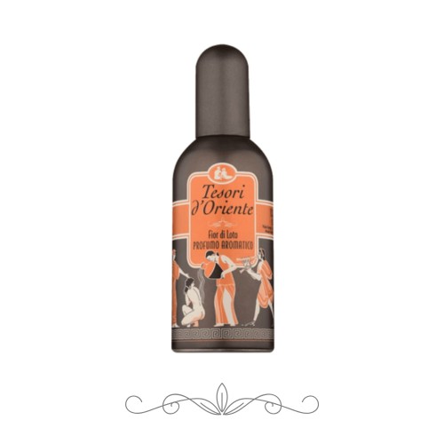 Tesori d'Oriente Fior di Loto perfumy aromatyczne 100 ml - butelka z brązową etykietą i pomarańczowymi akcentami, widok frontalny na białym tle.