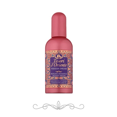 Tesori d'Oriente Persian Dream perfumy aromatyczne 100 ml - butelka w kolorze malinowym z ozdobną etykietą na białym tle.