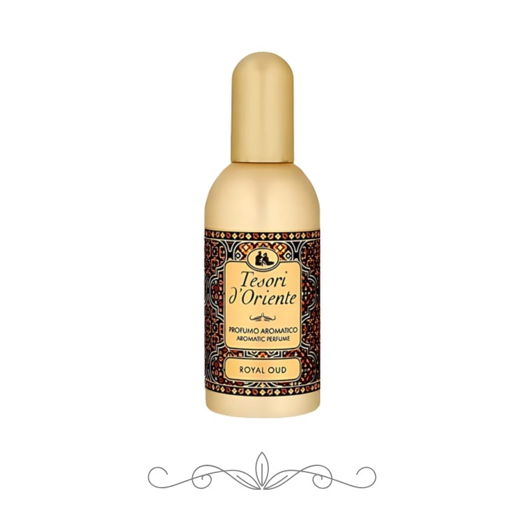 Tesori d'Oriente Royal Oud perfumy aromatyczne 100 ml - złota butelka z klasyczną etykietą ornamentalną, widok frontalny na białym tle.