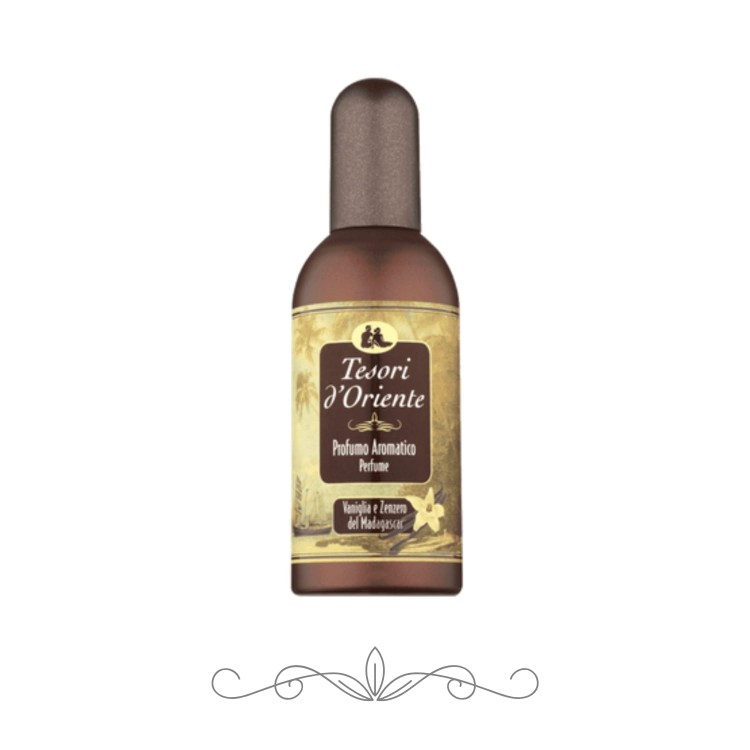 Tesori d'Oriente Vanilla &amp; Ginger perfumy aromatyczne - butelka 100 ml z brązową etyketą i złotym paskiem na białym tle.