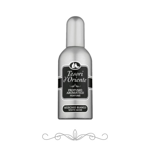 Tesori d'Oriente Muschio Bianco perfumy 100 ml - srebrna butelka z atomizerem, widok frontalny na białym tle.