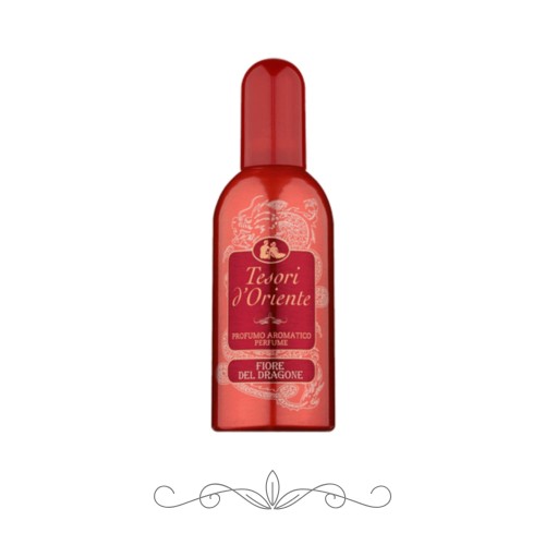 Tesori d'Oriente Fiore del Dragone perfumy 100 ml - butelka w kolorze czerwonym na białym tle, widok frontalny z etykietą z motywem smoka.