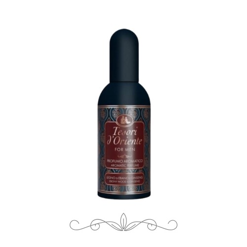 Tesori d'Oriente Legno di Ebano e Ginseng perfumy dla mężczyzn 100 ml - czarna butelka z ozdobną etykietą na białym tle.