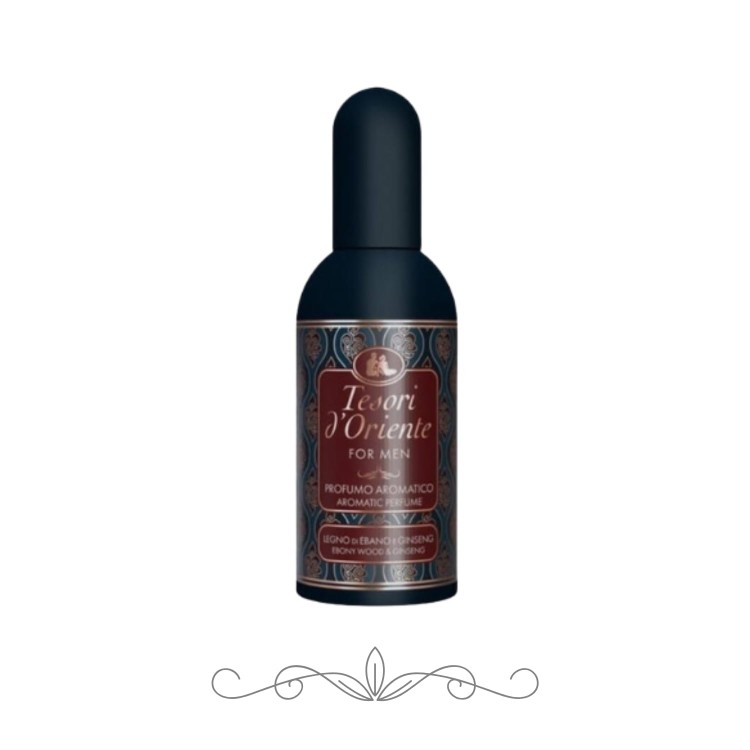 Tesori d'Oriente Legno di Ebano e Ginseng perfumy dla mężczyzn 100 ml - czarna butelka z ozdobną etykietą na białym tle.