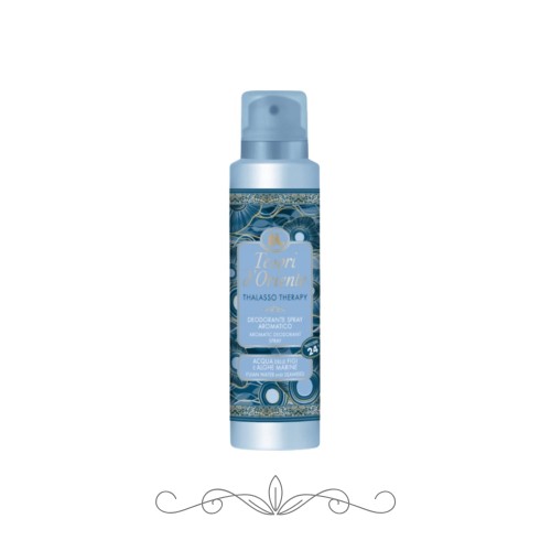 Tesori d'Oriente Thalasso Therapy dezodorant spray 150 ml - błękitna butelka z dekoracyjną etykietą, widok pełny opakowania na białym tle.