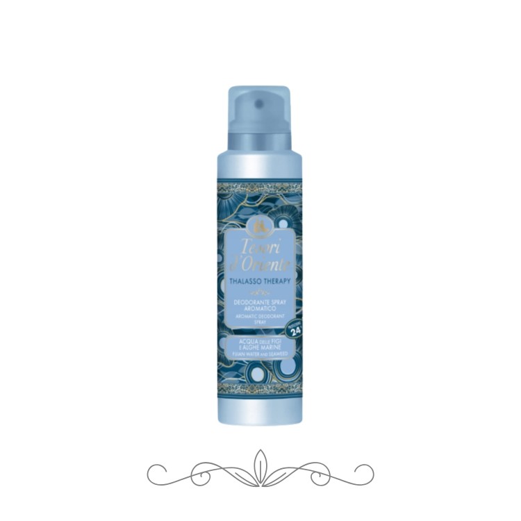 Tesori d'Oriente Thalasso Therapy dezodorant spray 150 ml - błękitna butelka z dekoracyjną etykietą, widok pełny opakowania na białym tle.