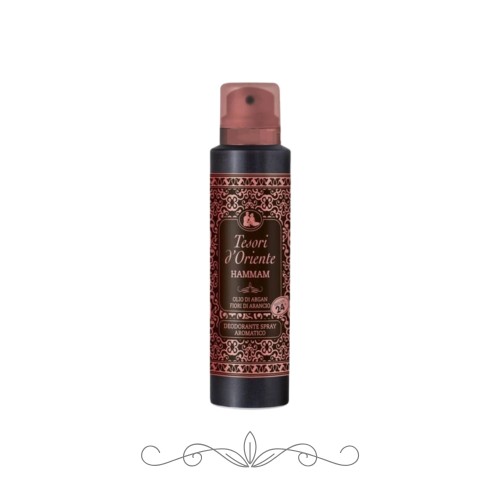 Tesori d'Oriente Hammam dezodorant spray 150 ml - czarna butelka z bordo etykietą na białym tle, widok z przodu.