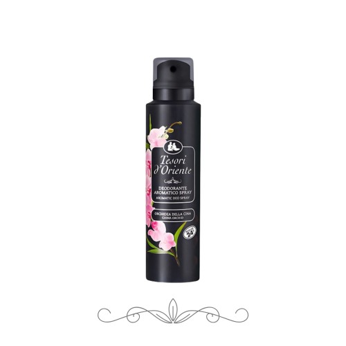 Tesori d'Oriente dezodorant Orchidea Chińska - czarna butelka aerozolowa ze spray'em, widok frontalny na tle białym.