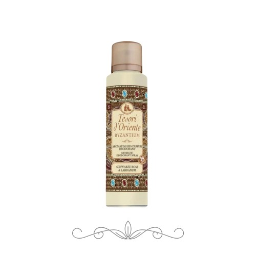 Tesori d'Oriente Byzantium dezodorant spray 150ml - butelka na białym tle z dekoracyjnym ornamentem na etykiecie.