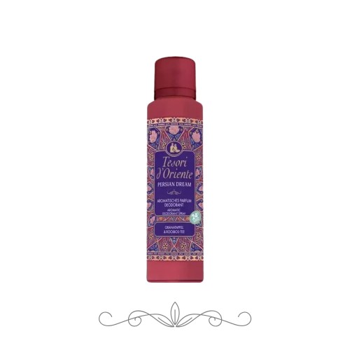 Tesori d'Oriente Persian Dream dezodorant 150ml - butelka w karminowym kolorze z orientalną etykietą, widok frontalny na białym tle.