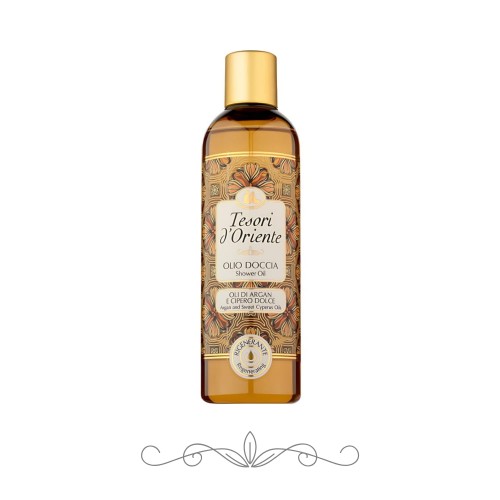 Tesori d'Oriente olejek pod prysznic Argan i Cyprys słodki - butelka 250ml na białym tle, widok frontalny.