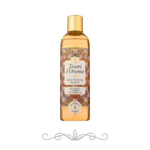 Tesori d'Oriente olejek pod prysznic Olio Doccia Rice and Tsubaki – butelka 250ml na białym tle, widok frontalny.