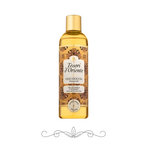Tesori d'Oriente olejek pod prysznic Amla i Sezam - butelka 250ml na białym tle, widok z przodu.