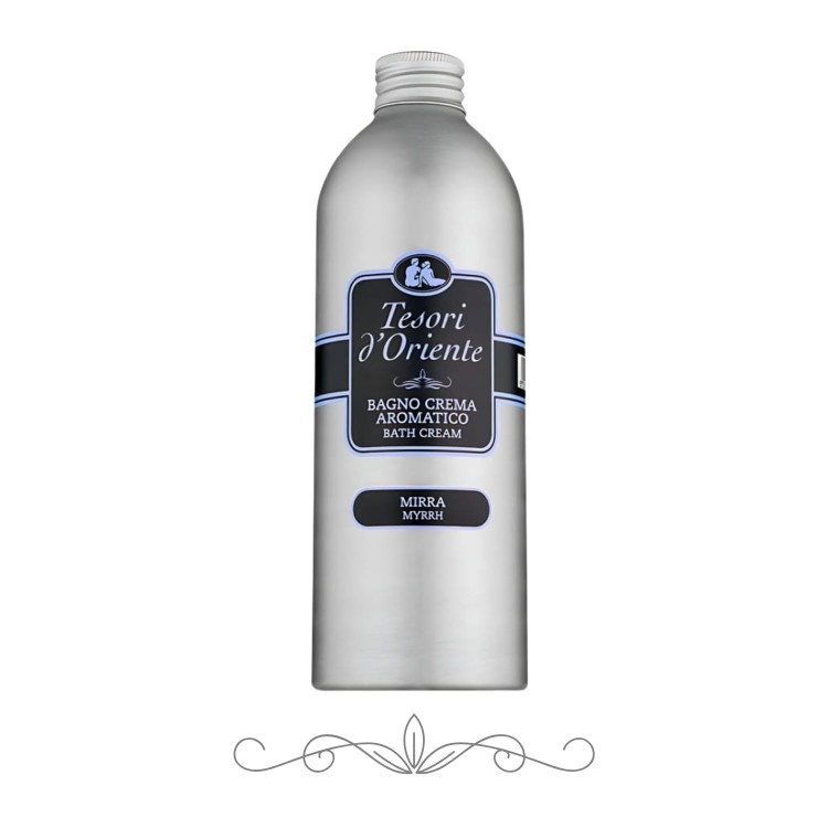 Tesori d'Oriente płyn do kąpieli Mirra 500 ml - srebrna butelka z czarną etykietą, widok z przodu na białym tle.