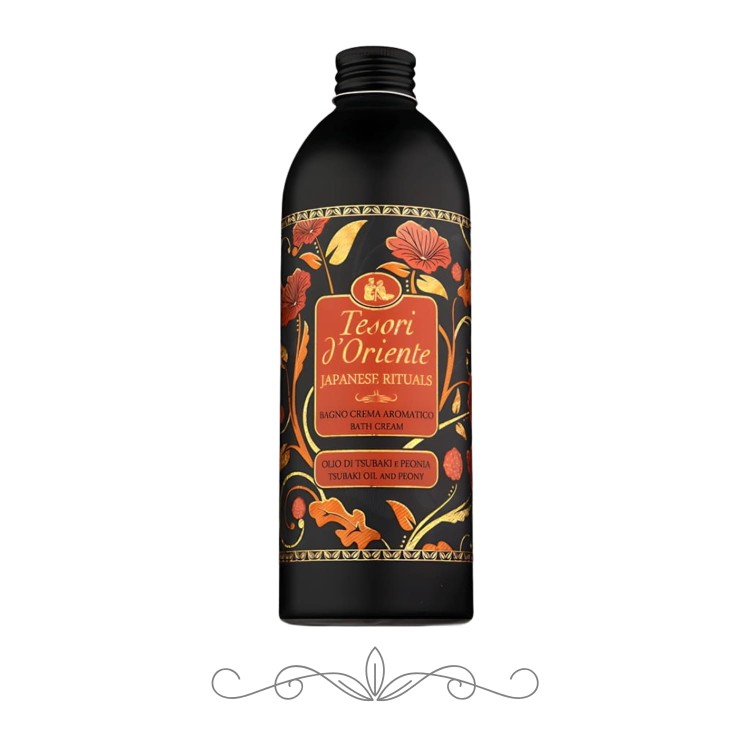 Tesori d'Oriente Japanese Rituals płyn do kąpieli 500ml - czarna butelka z etykietą w kolorach złota i czerwieni, wzorem kwiatowym, widok frontalny na białym tle.