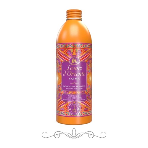 Tesori d'Oriente Karma płyn do kąpieli 500 ml - pomarańczowa butelka z ozdobną etykietą w fioletowych i złotych barwach, widok frontalny.