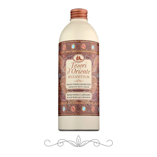 Tesori d'Oriente Byzantium płyn do kąpieli - butelka 500 ml z kremową etykietą i miedzianym korkiem, widok z przodu.