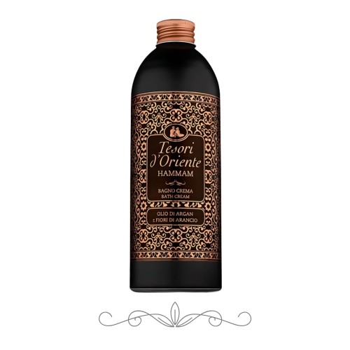Tesori d'Oriente Hammam płyn do kąpieli 500 ml - czarna butelka z miedzianobrązową etykietą o orientalnym wzorze, widok z przodu na białym tle.