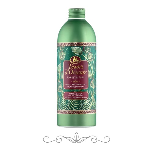 Tesori d'Oriente Forest Ritual płyn do kąpieli - zielona butelka 500 ml z etykietą, widok frontalny na białym tle.