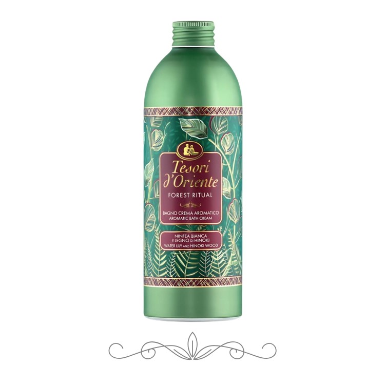 Tesori d'Oriente Forest Ritual płyn do kąpieli - zielona butelka 500 ml z etykietą, widok frontalny na białym tle.