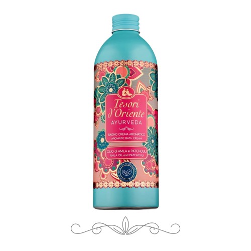 Tesori d'Oriente Ayurveda aromatyczny płyn do kąpieli - butelka turkusowa 500 ml, widok frontalny na białym tle.