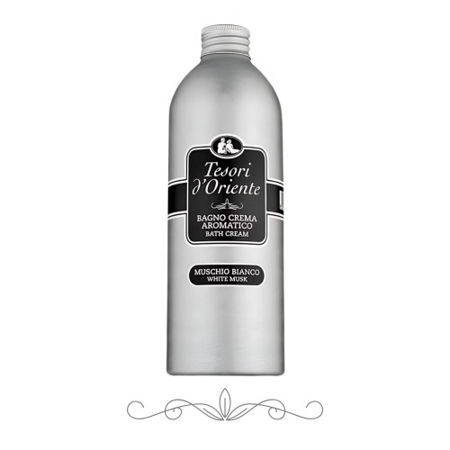 Tesori d'Oriente Muschio Bianco płyn do kąpieli 500 ml - srebrna butelka z czarną etykietą, widok frontalny.
