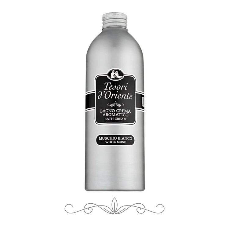 Tesori d'Oriente Muschio Bianco płyn do kąpieli 500 ml - srebrna butelka z czarną etykietą, widok frontalny.