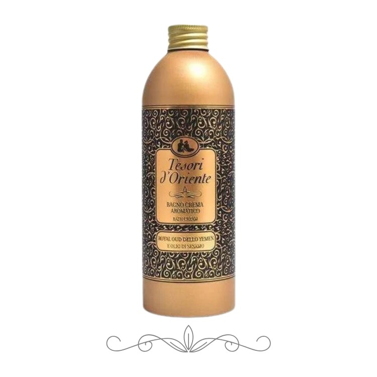 Tesori d'Oriente Royal Oud płyn do kąpieli 500 ml - butelka w kolorze złotym z dekoracyjną etykietą, widok frontalny na białym tle.