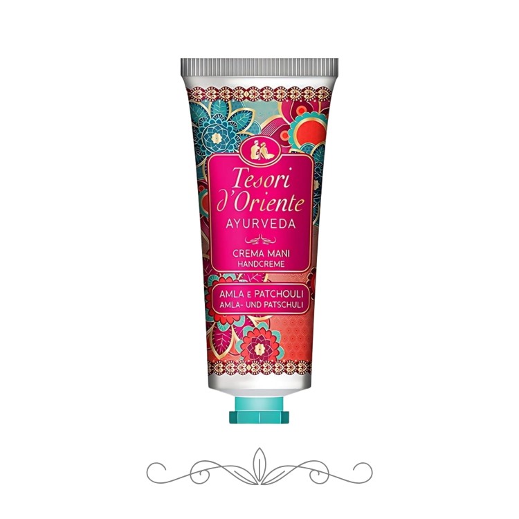 Tesori d'Oriente Ayurveda krem do rąk Amla i Patchouli - tuba 75 ml z ornamentacyjnym opakowaniem, widok frontalny na białym tle.