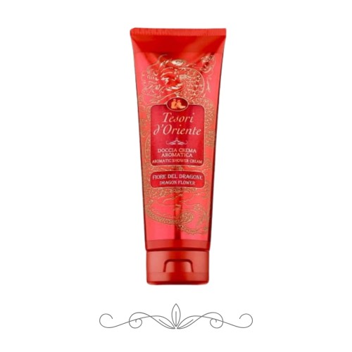 Tesori d'Oriente żel pod prysznic Fiore del Dragone - czerwona tuba 250 ml na białym tle, widok frontalny opakowania z ozdobnym złotym ornamentem.