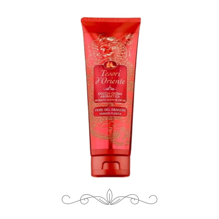 Tesori d'Oriente żel pod prysznic Fiore del Dragone - czerwona tuba 250 ml na białym tle, widok frontalny opakowania z ozdobnym złotym ornamentem.