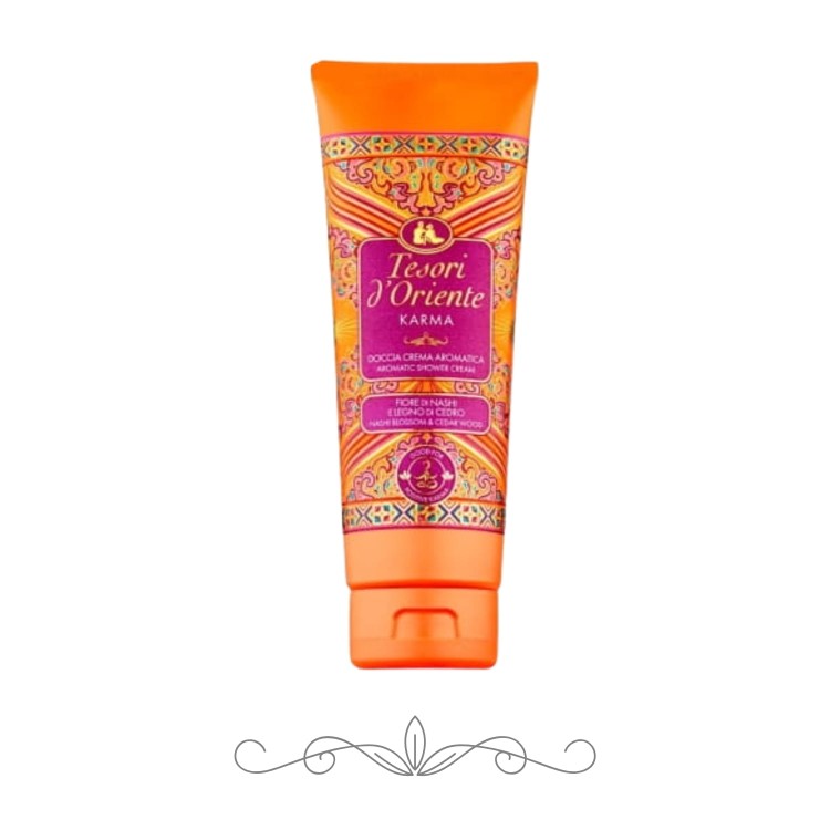 Tesori d'Oriente Karma żel pod prysznic 250 ml - pomarańczowa tubka z orientalną etykietą, widok frontalny na białym tle.