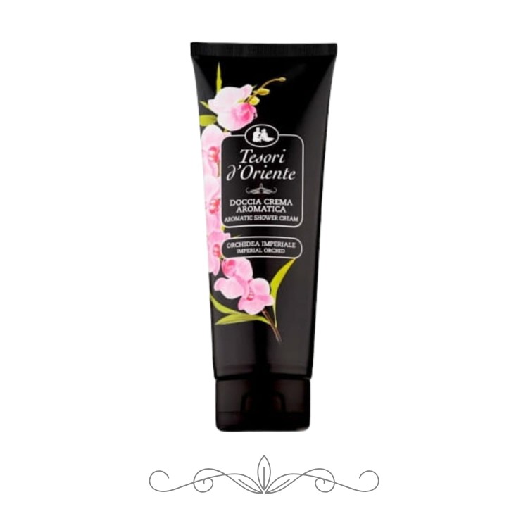 Tesori d'Oriente żel pod prysznic Orchidea Imperiale 250 ml - czarna tubka z różowymi kwiatami orchidei, widok frontalny na białym tle.