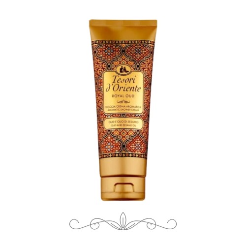 Tesori d'Oriente Royal Oud żel pod prysznic 250 ml - tuba ze złotą etykietą i orientalnym wzorem, widok frontalny na białym tle