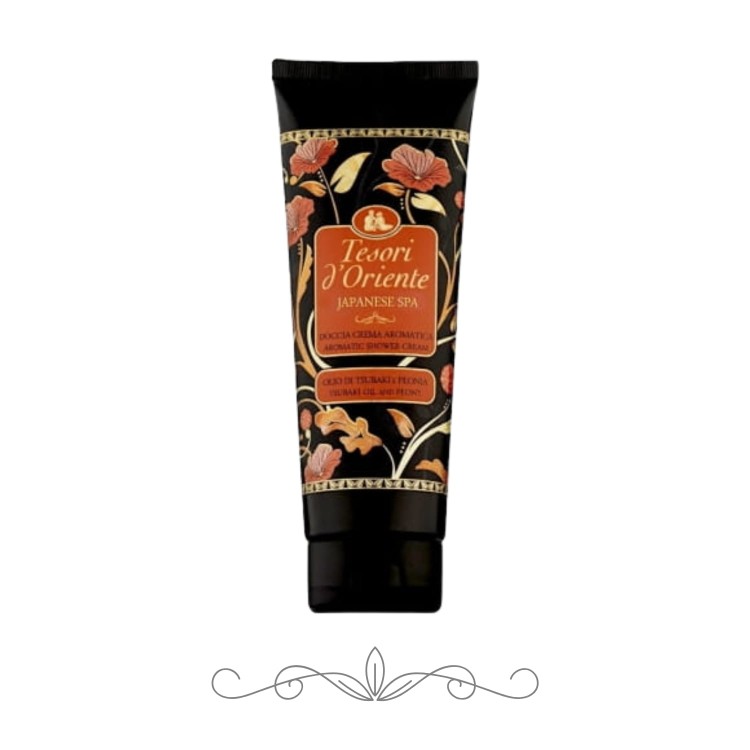 Tesori d'Oriente Japanese Spa żel pod prysznic 250 ml - czarna butelka z ornamentalną etykietą, widok produktu na białym tle.